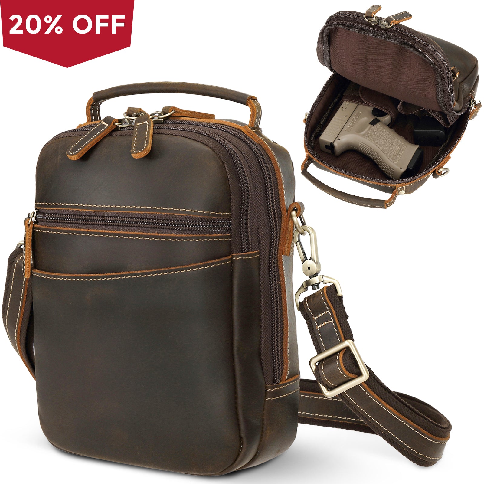 Polare Full Grain Italian Leather Carry Gun Pouch Small Crossbody Gun Bag Fanny Pack Pistol Case Waist Belt Firearm Bag with Holster (Dark