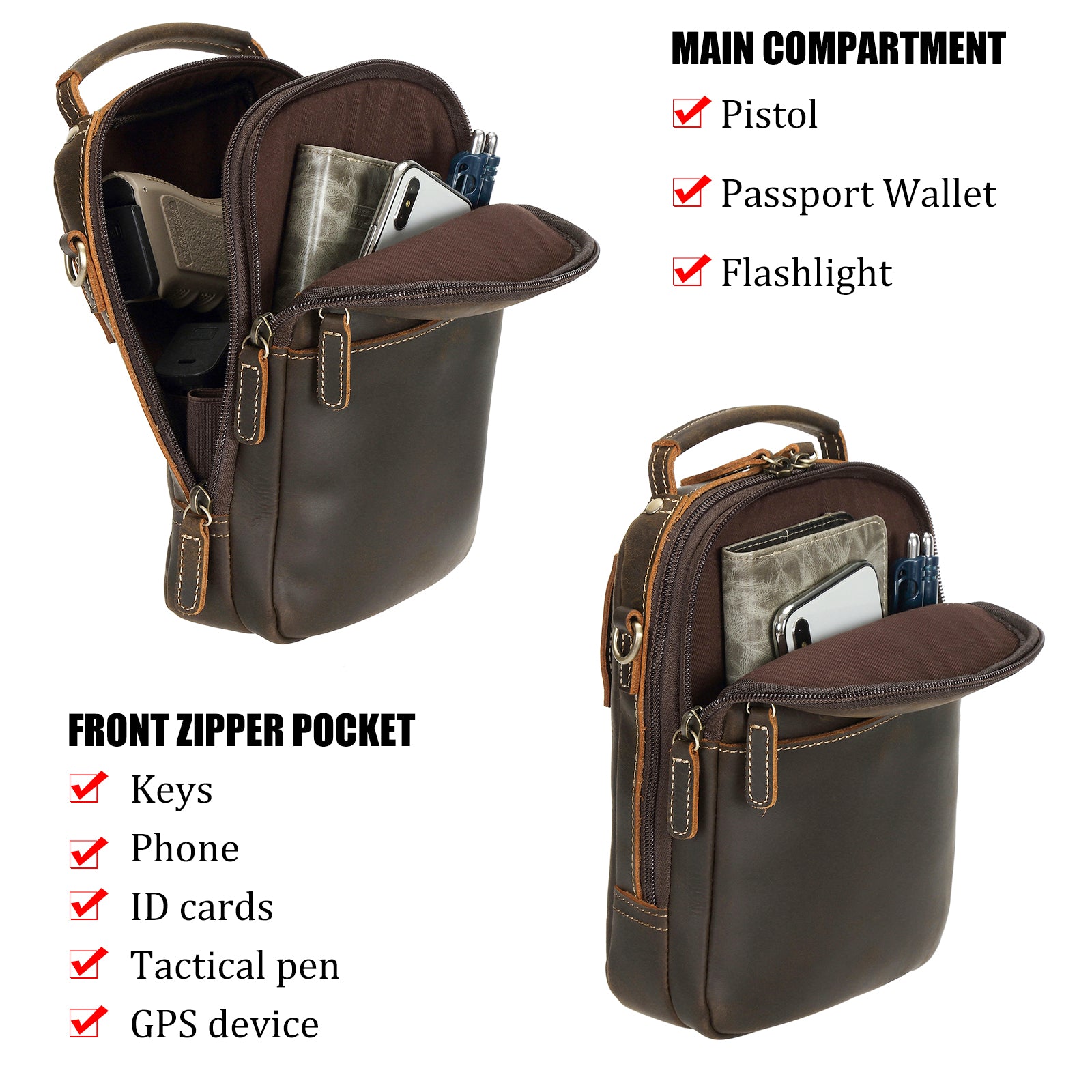 Italian Leather Carry Gun Pouch Pistol Case (Dark Brown,Inside)