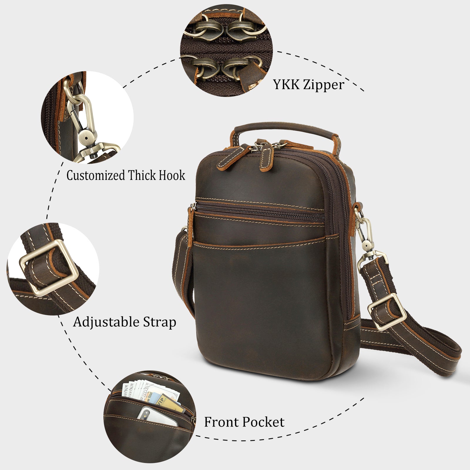 Italian Leather Carry Gun Pouch Pistol Case (Dark Brown,Details)