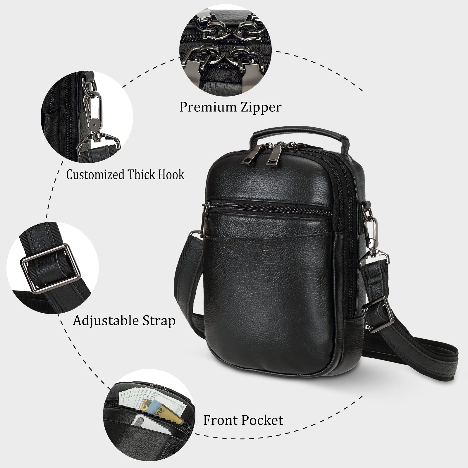 Italian Leather Carry Gun Pouch Pistol Case (Black,Details)