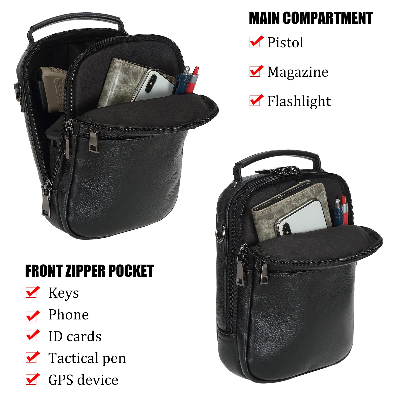 Italian Leather Carry Gun Pouch Pistol Case (Black,Inside)