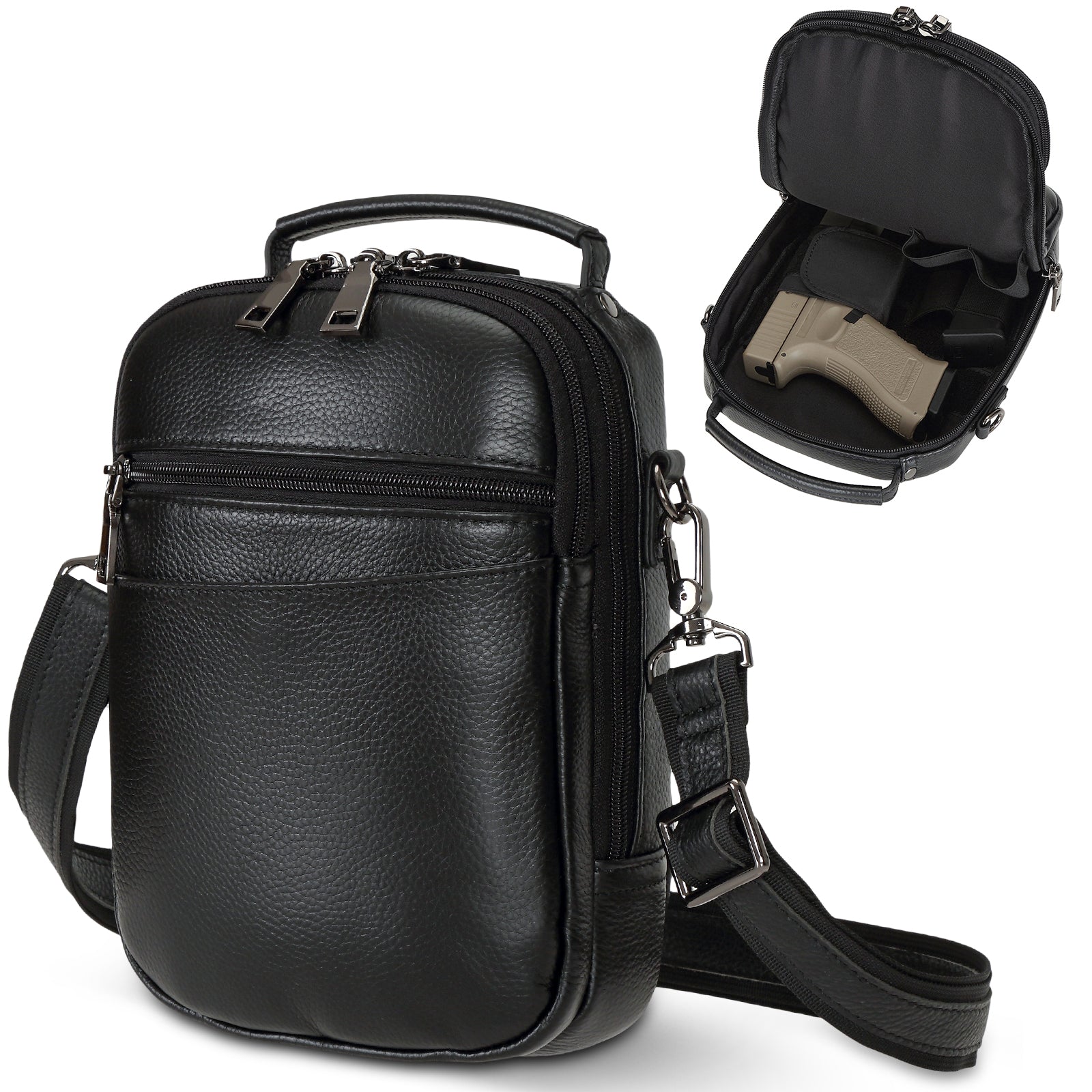 Italian Leather Carry Gun Pouch Pistol Case (Black)