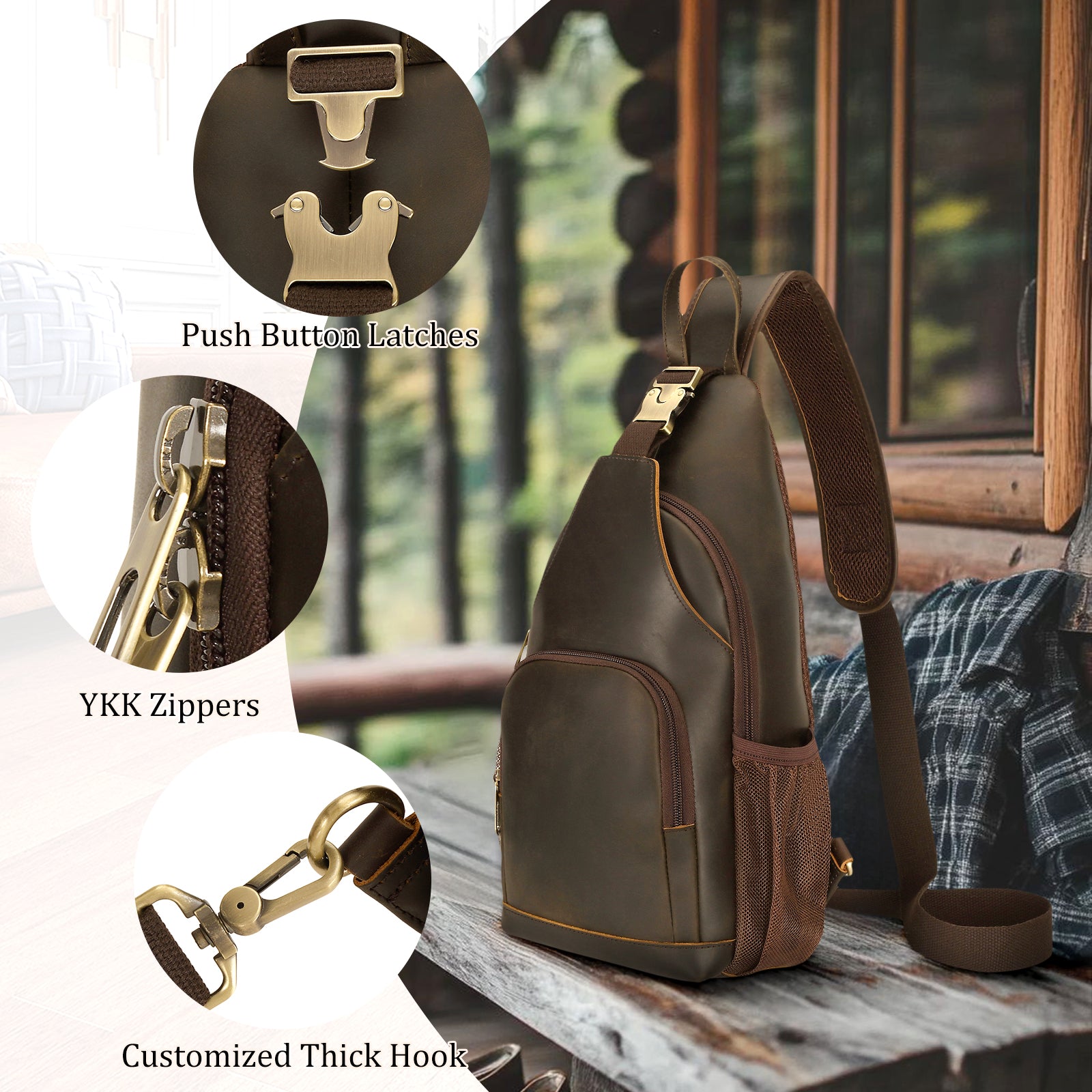Full Grain Cowhide Anti Theft Chest Shoulder Bag (Details)