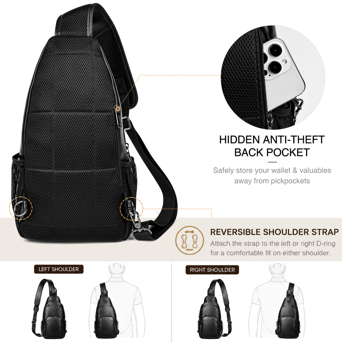 Napa Leather Sling Backpack breathable back panel design