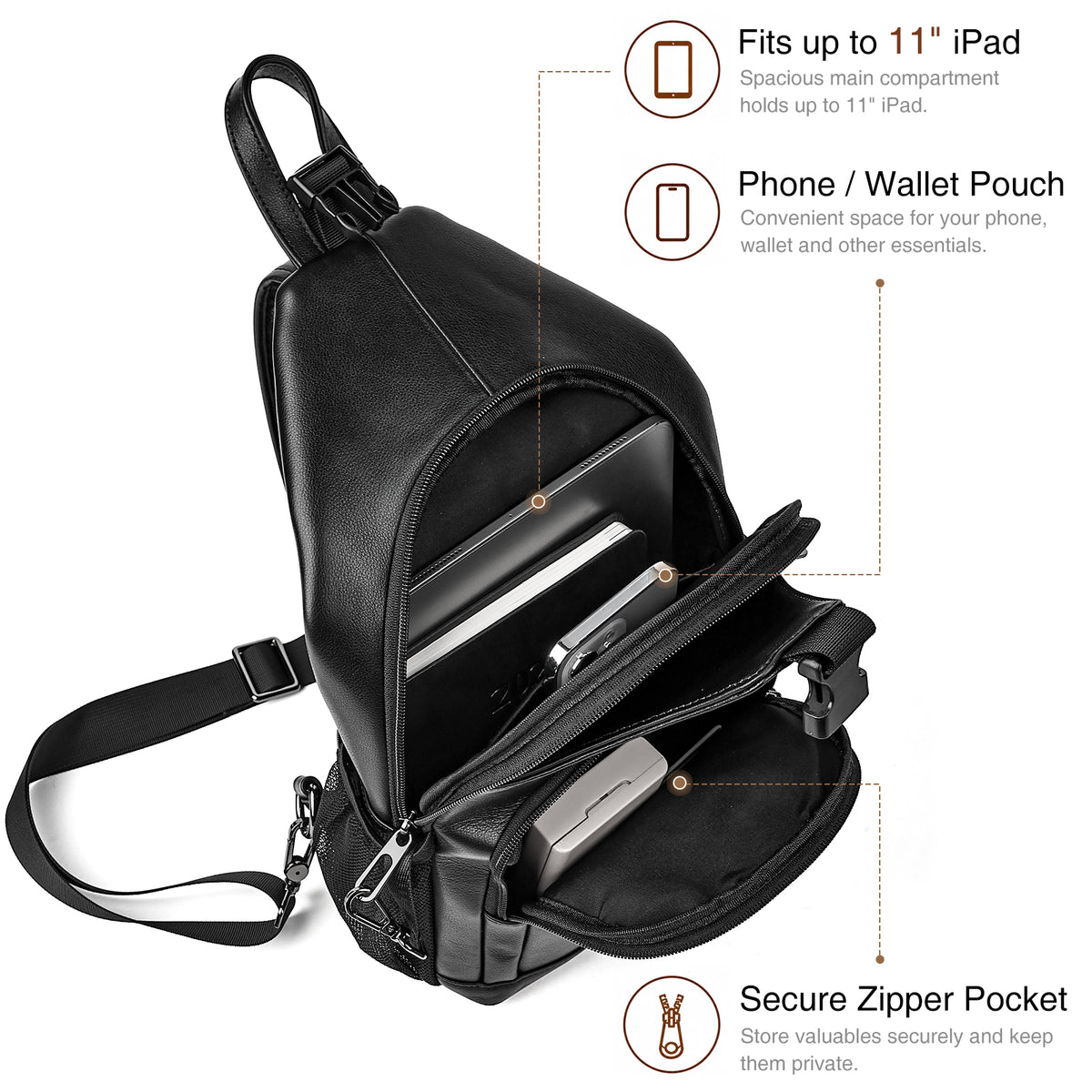 Napa Leather Crossbody Bag organized compartments zipper pocket storage