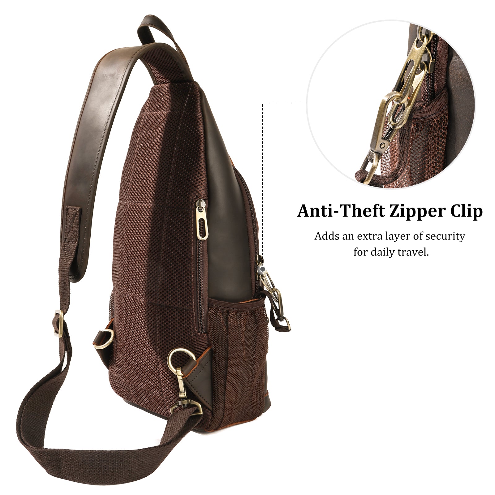 Full Grain Cowhide Anti Theft Chest Shoulder Bag (Anti theft hook-lock zipper)