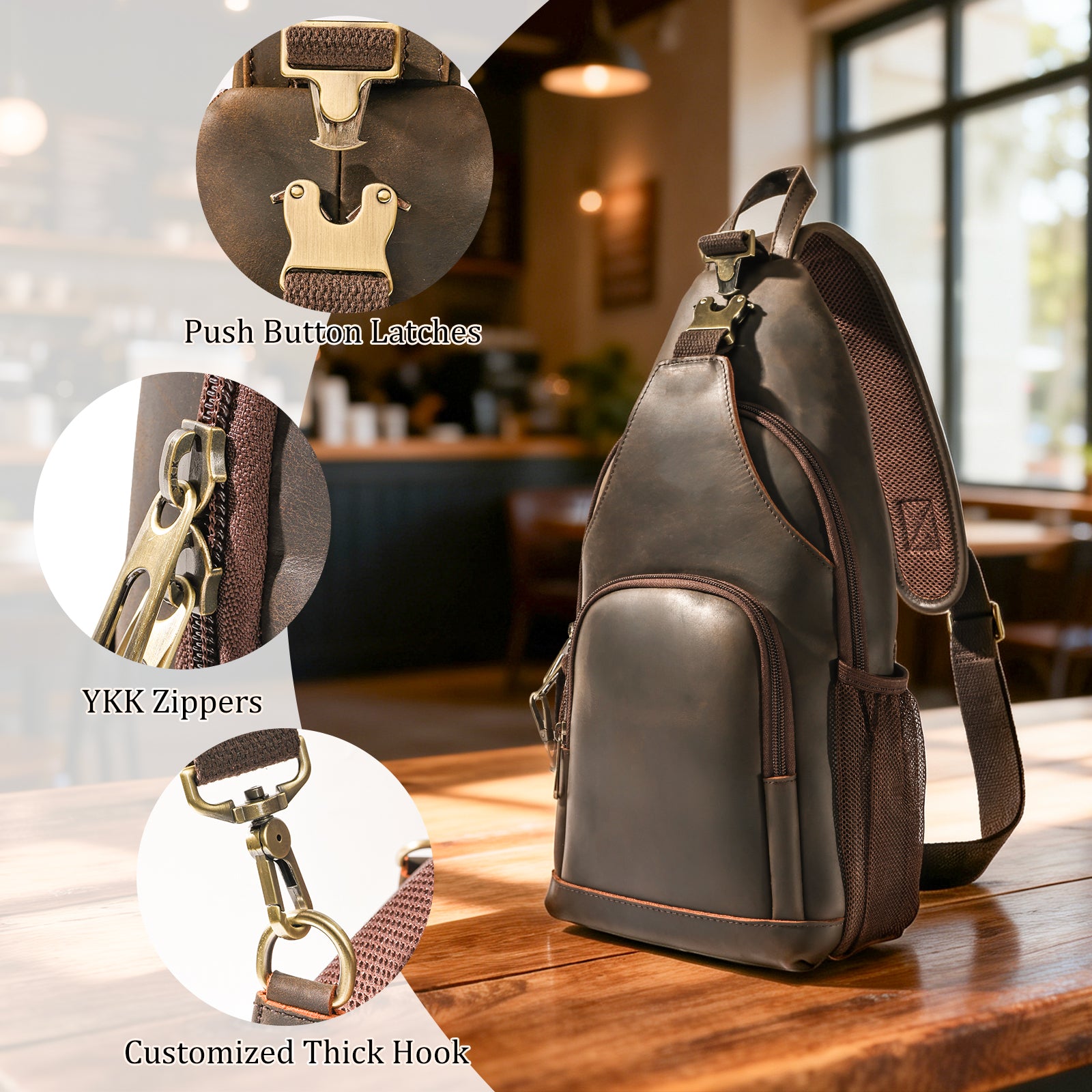 Full Grain Cowhide Anti Theft Chest Shoulder Bag (Details)