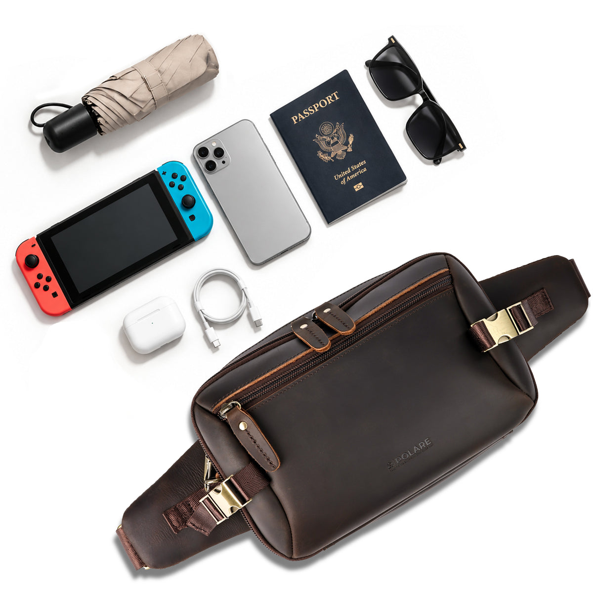 Polare Full Grain Leather RFID Anti-Theft Fanny Pack, Travel Essentials Storage for Phone and Passport