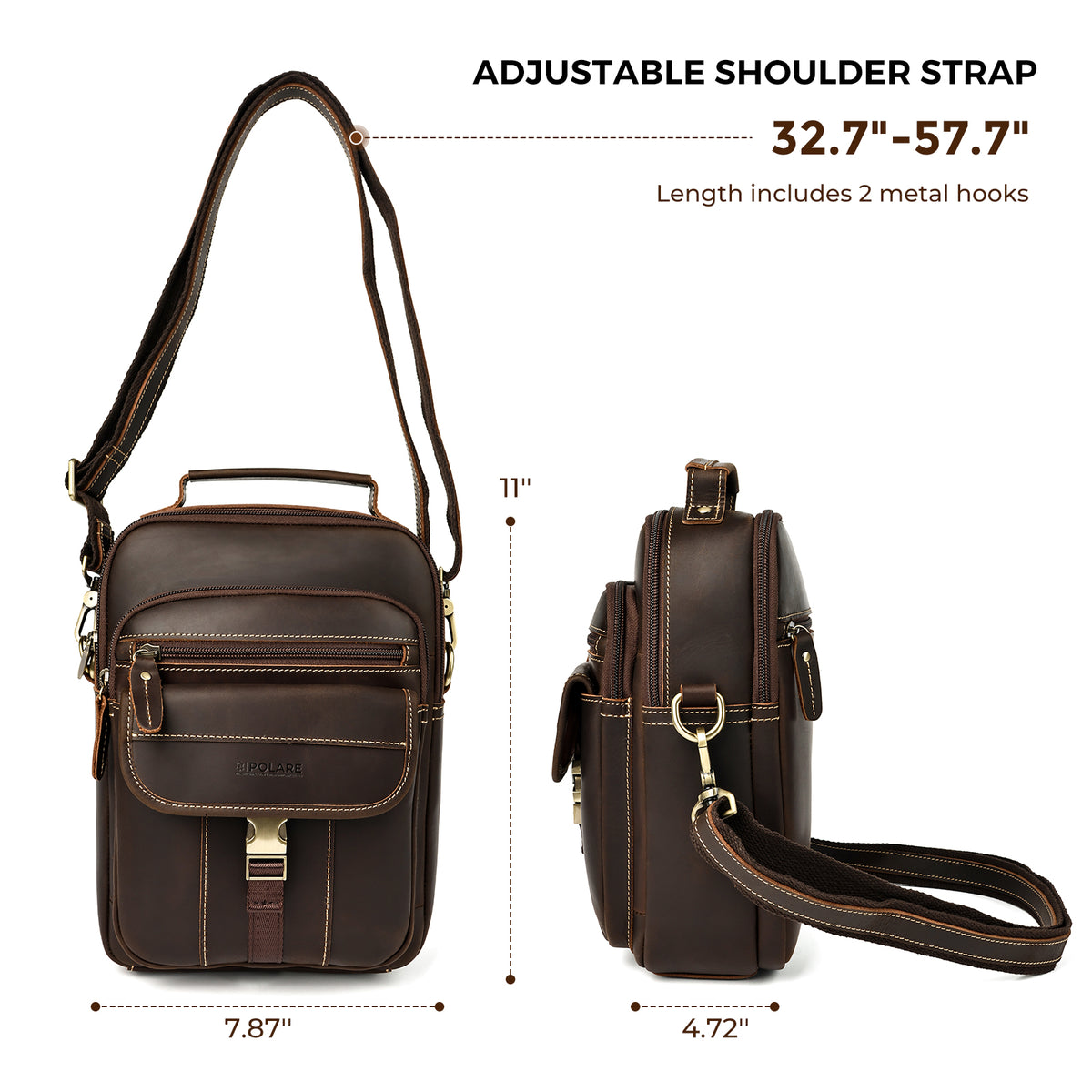 Full Grain Leather Anti-Theft Shoulder Bag for Men, adjustable shoulder strap and dimensions