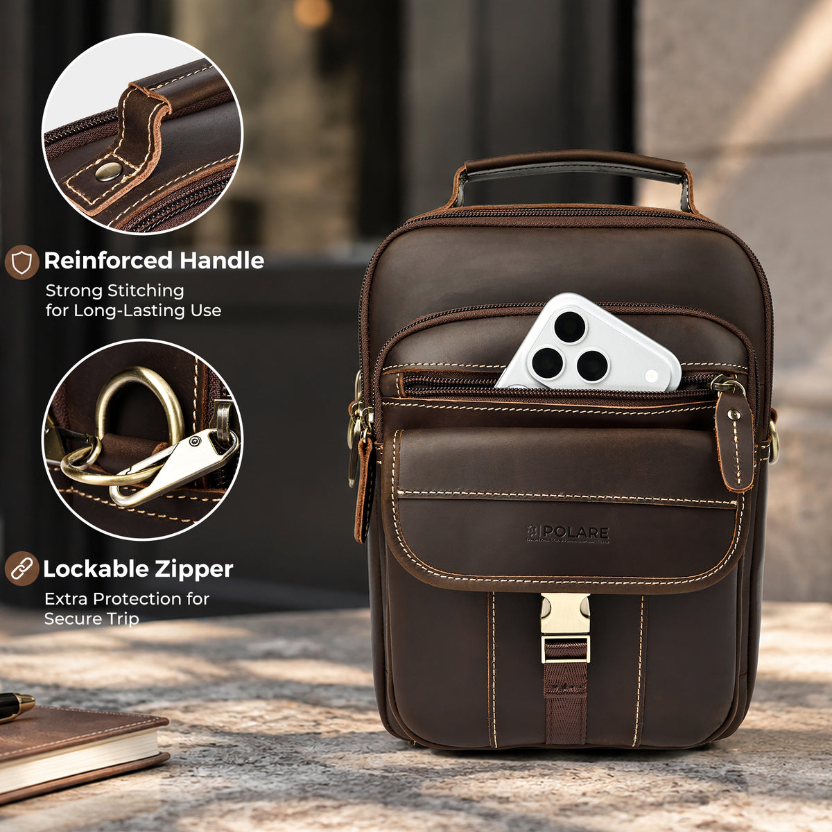 Full Grain Leather Anti-Theft Shoulder Bag for Men, reinforced handle and durable hardware