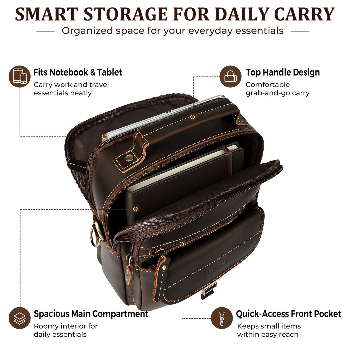 Full Grain Leather Anti-Theft Shoulder Bag for Men, spacious organizer compartments