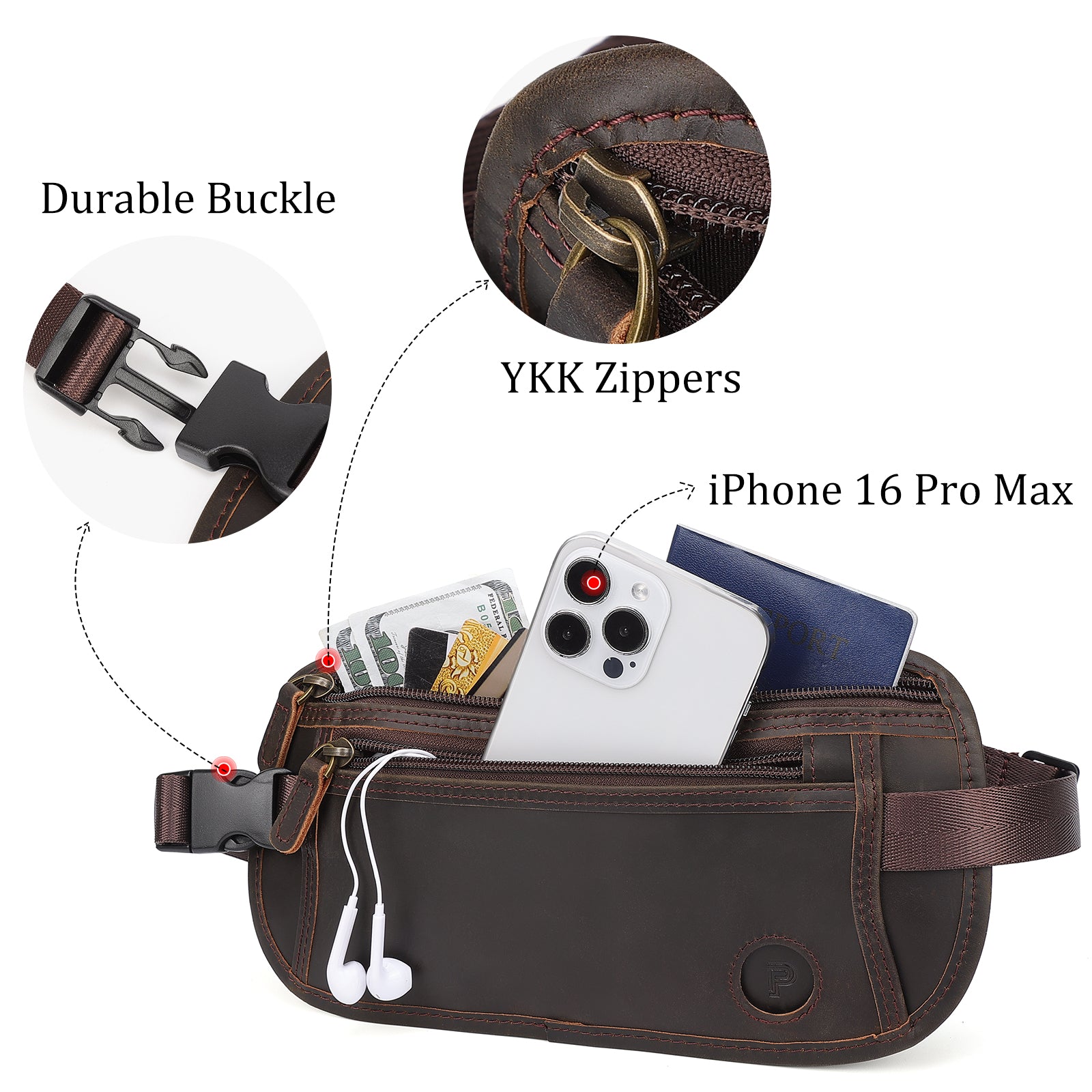 Polare Leather Money Belt Passport Holder Waist Bag (Details)