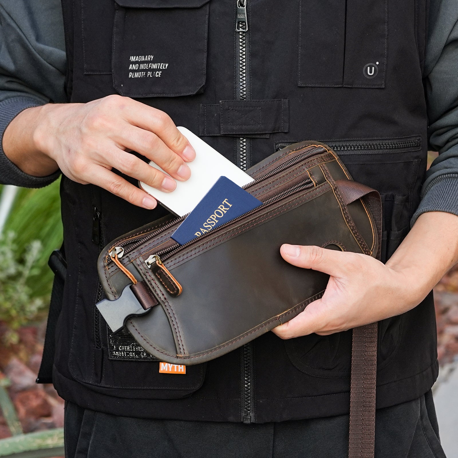 Polare Leather Money Belt Passport Holder Waist Bag (Model Display)