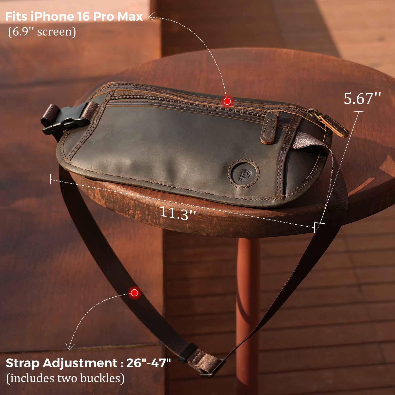 Polare Leather Money Belt Passport Holder Waist Bag (Dimension)