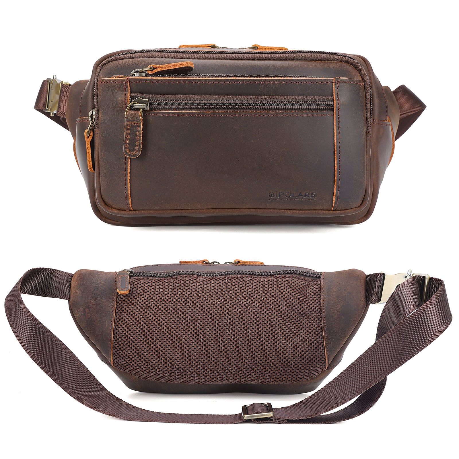 Full Grain Leather Fanny Pack/Waist Belt Bag for Men and Women (Front/Back)