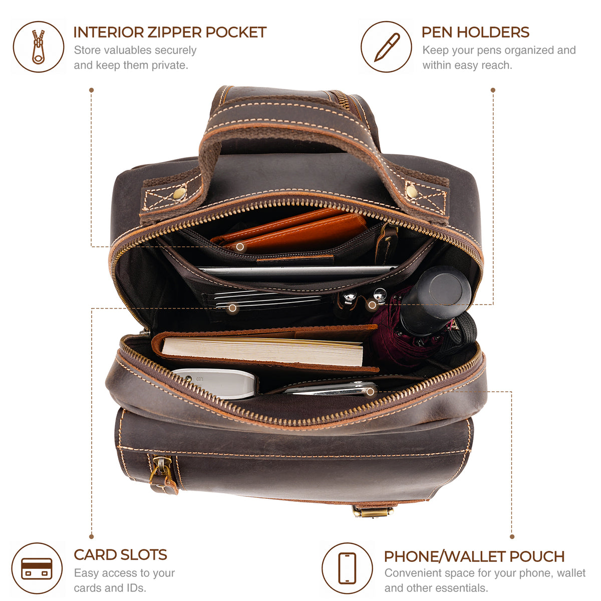 Leather Shoulder Bag for Men: Organized Interior with Zipper Pockets