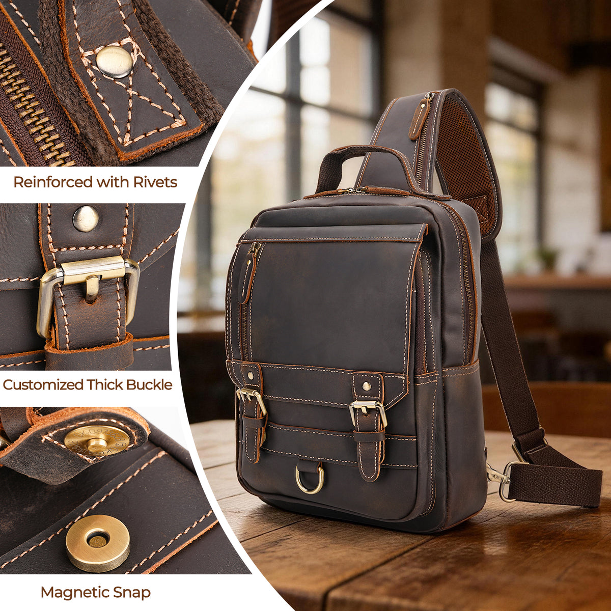 Premium Leather Sling Bag for Men reinforced hardware and magnetic snap details