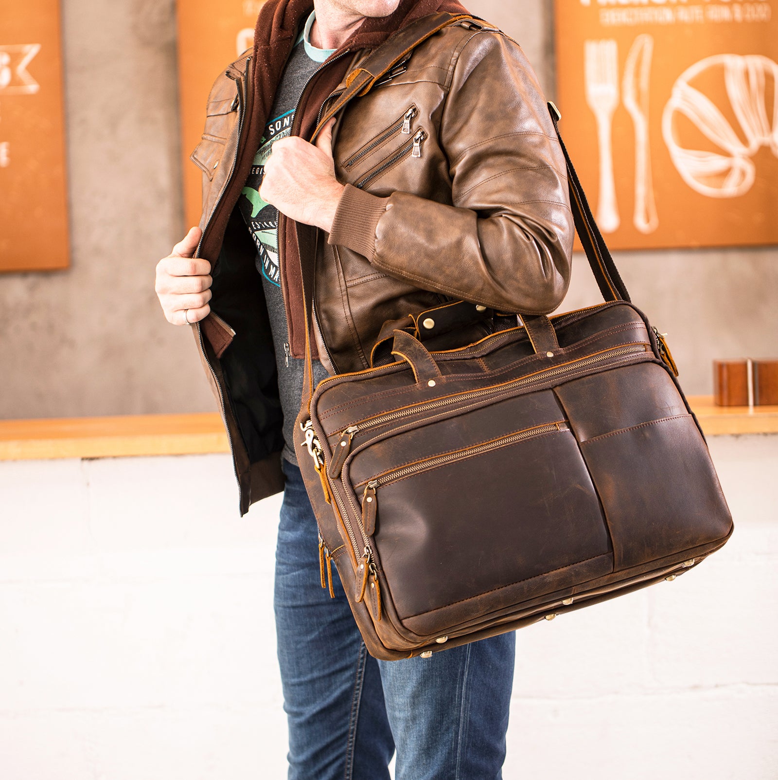 Polare 18" Large Full Grain Leather Briefcase Business Laptop Case Messenger Bag (Brown,Model Display)