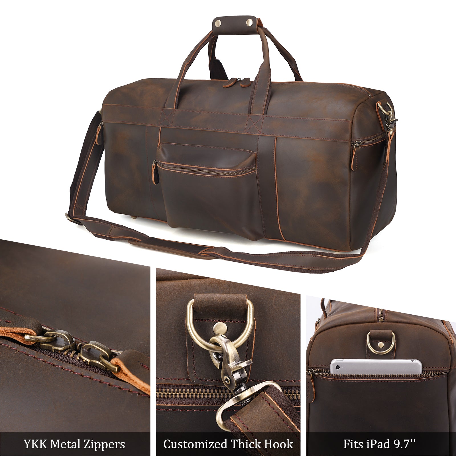 Polare 23'' Full Grain Leather Weekender Duffle Bag (Details)