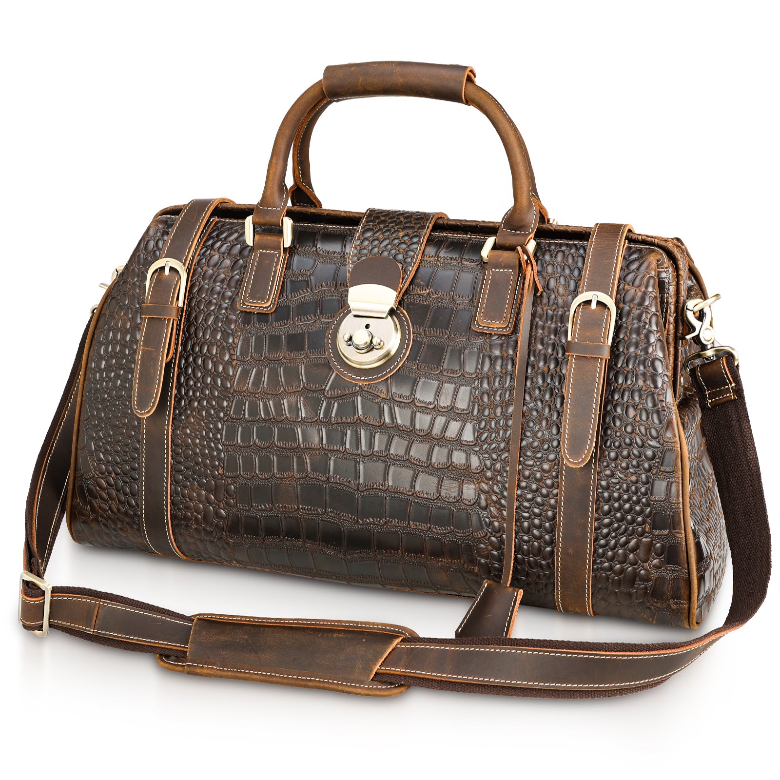 Polare 21 Crocodile Pattern Cowhide Leather Weekender Travel Overnigh