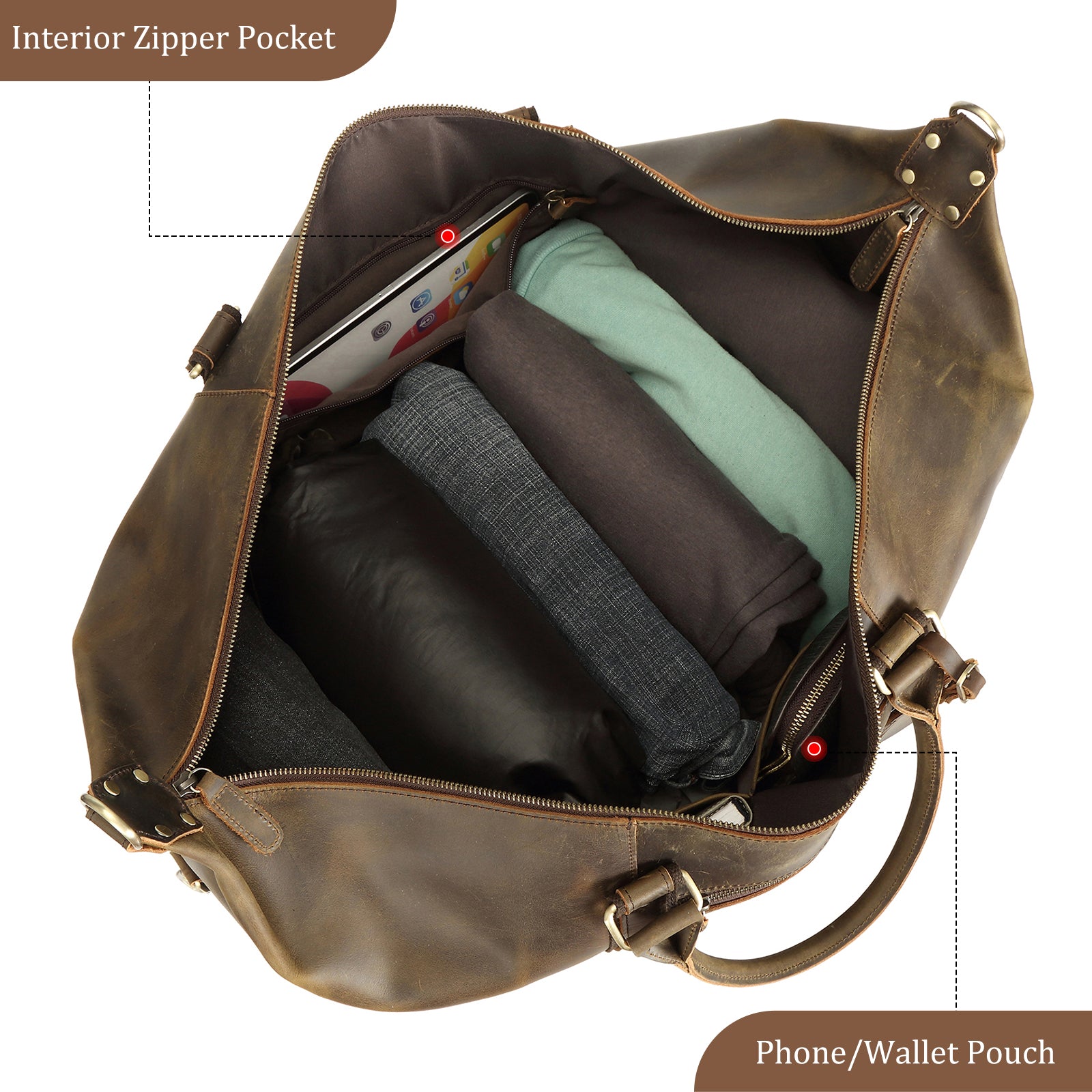 22" Full Grain Leather Travel Bag 42L Weekender Overnight Carry on Bag (Inside)