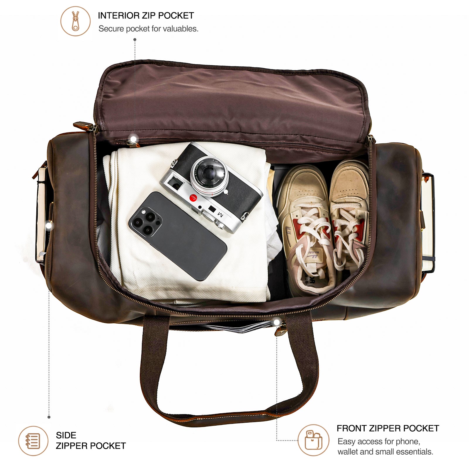 Full Grain Leather Duffel Bag for Men spacious interior travel storage