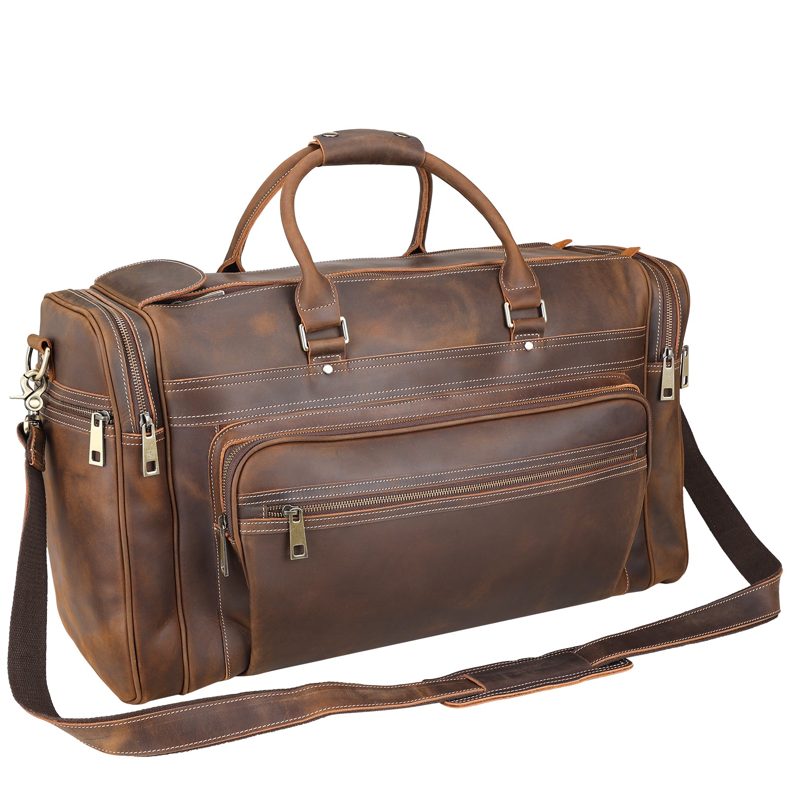 Polare 23.6" Retro Full Grain Leather Duffel Weekender Travel Bag (Brown)