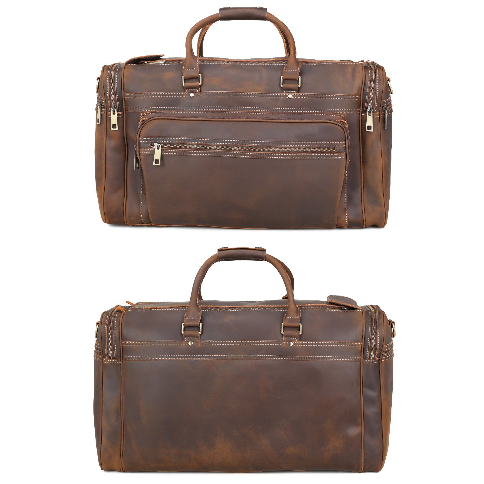 Polare 23.6" Retro Full Grain Leather Duffel Weekender Travel Bag (Front, Back)