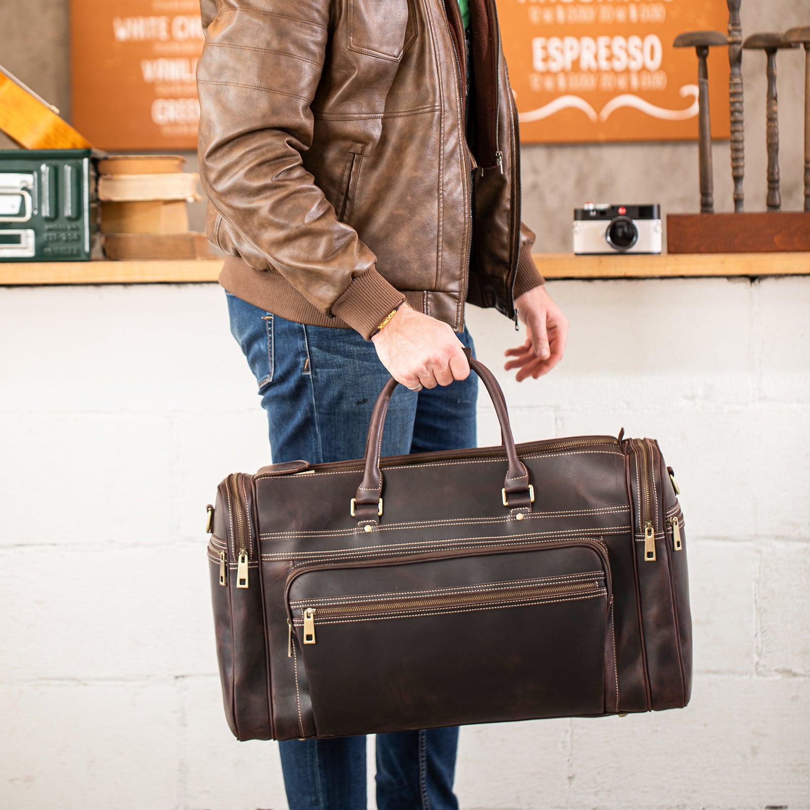 Polare 23.6" Retro Full Grain Leather Duffel Weekender Travel Bag (Dark Brown,Model Display)