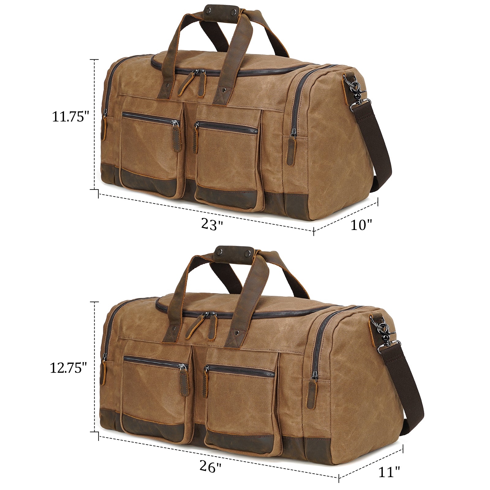 Polare 23” Waxed Canvas Cowhide Leather Travel Duffel Carry on Bag (Dimension)