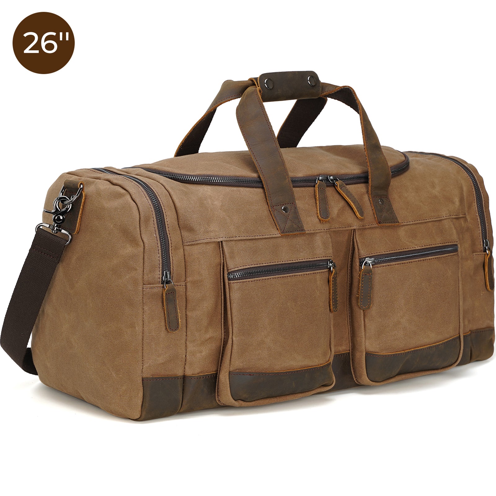 66862-5_1_26_1 1600 × 1600 px Polare 26” Waxed Canvas Cowhide Leather Travel Duffel Carry on Bag (Brown)
