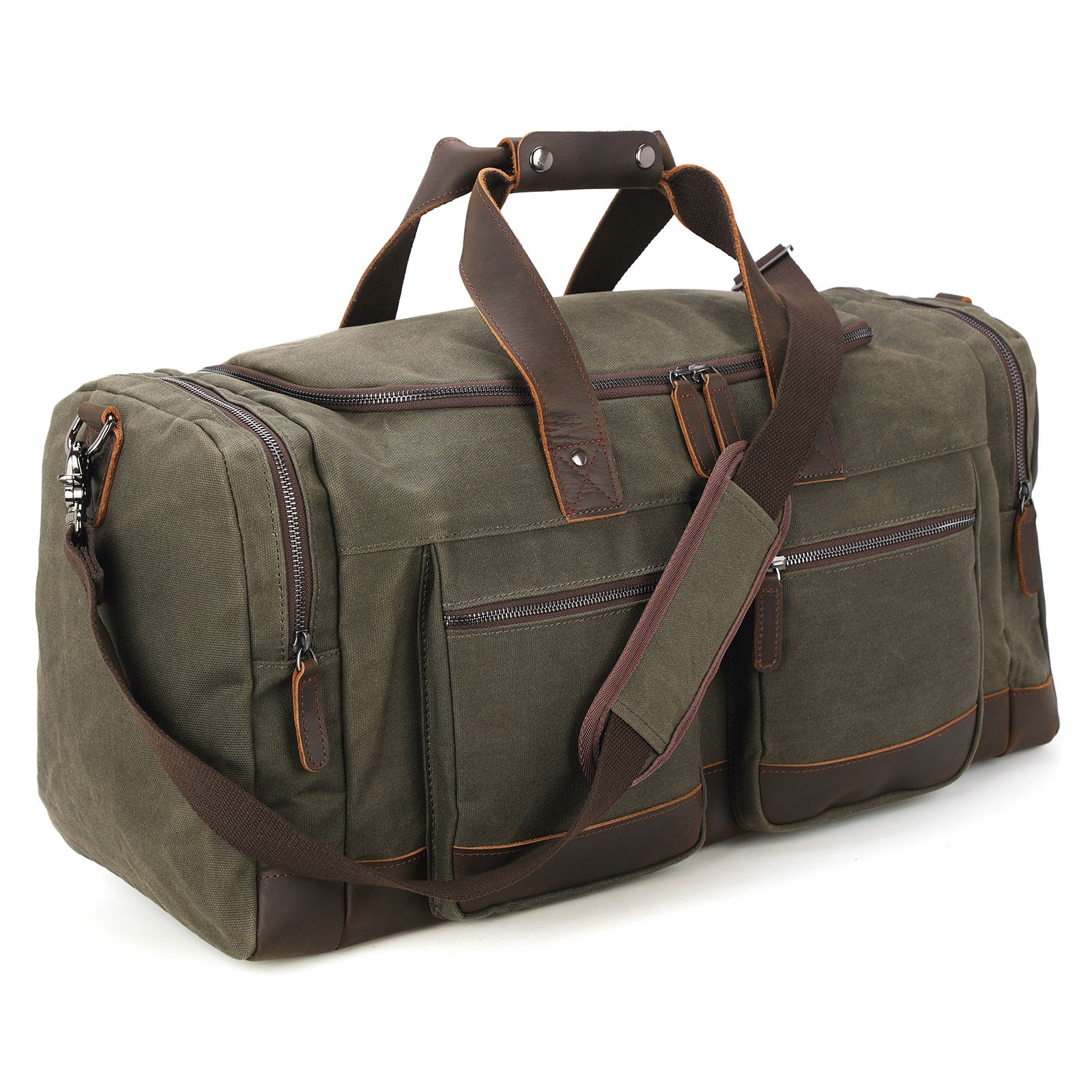 Polare 23” Waxed Canvas Cowhide Leather Travel Duffel Carry on Bag (Army Green)