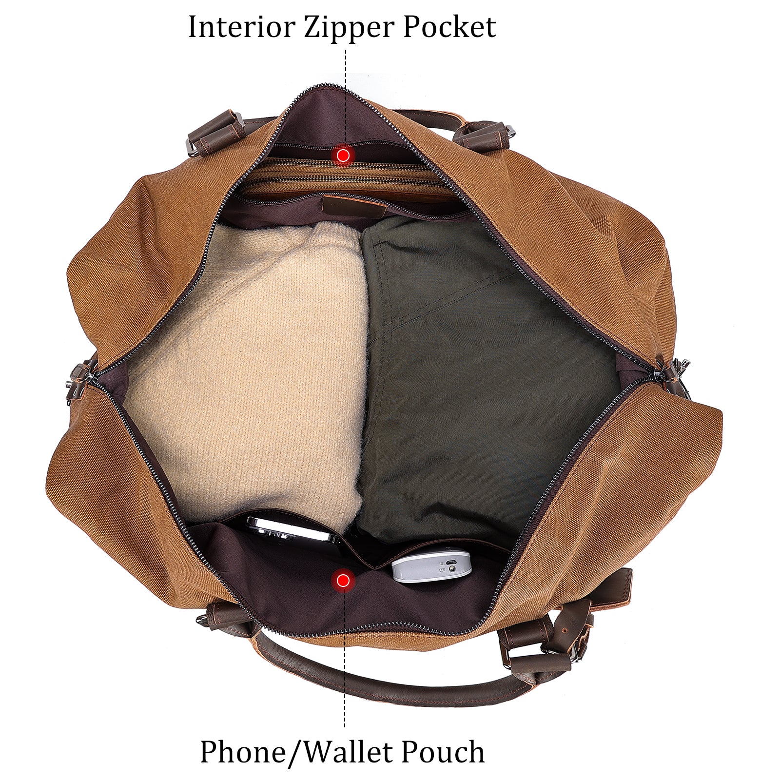 Polare 22” Waxed Canvas Cowhide Leather Travel Duffel Bag (Inside)