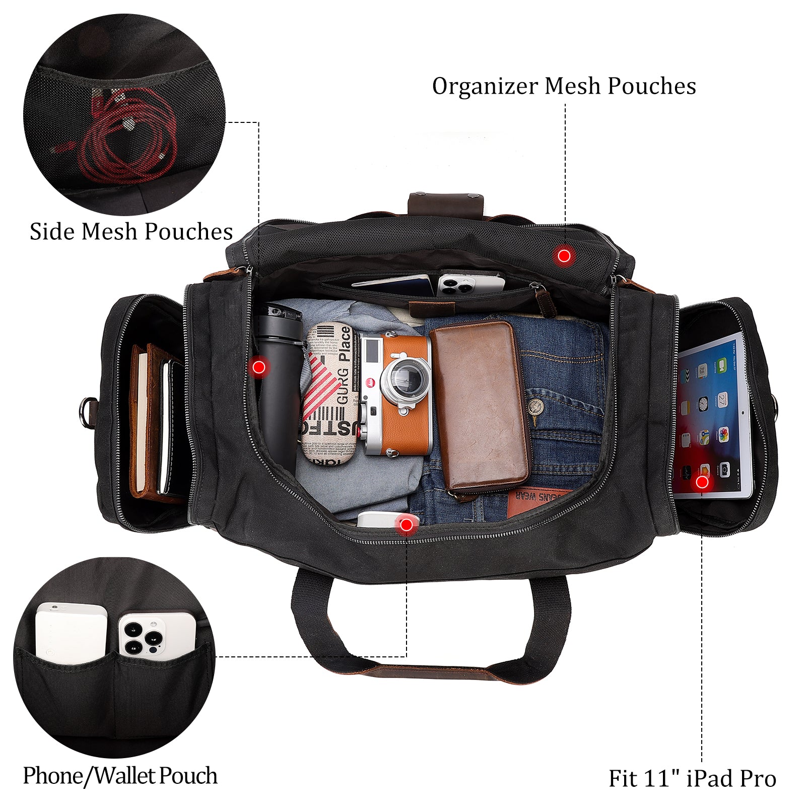 23" Canvas Leather Bag 42L Waterproof Travel Carry on Duffel Bag (Inside)