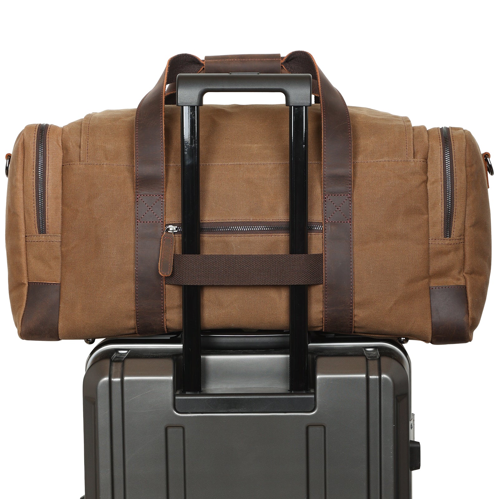 23" Canvas Leather Bag 42L Waterproof Travel Carry on Duffel Bag (Brown/Back)