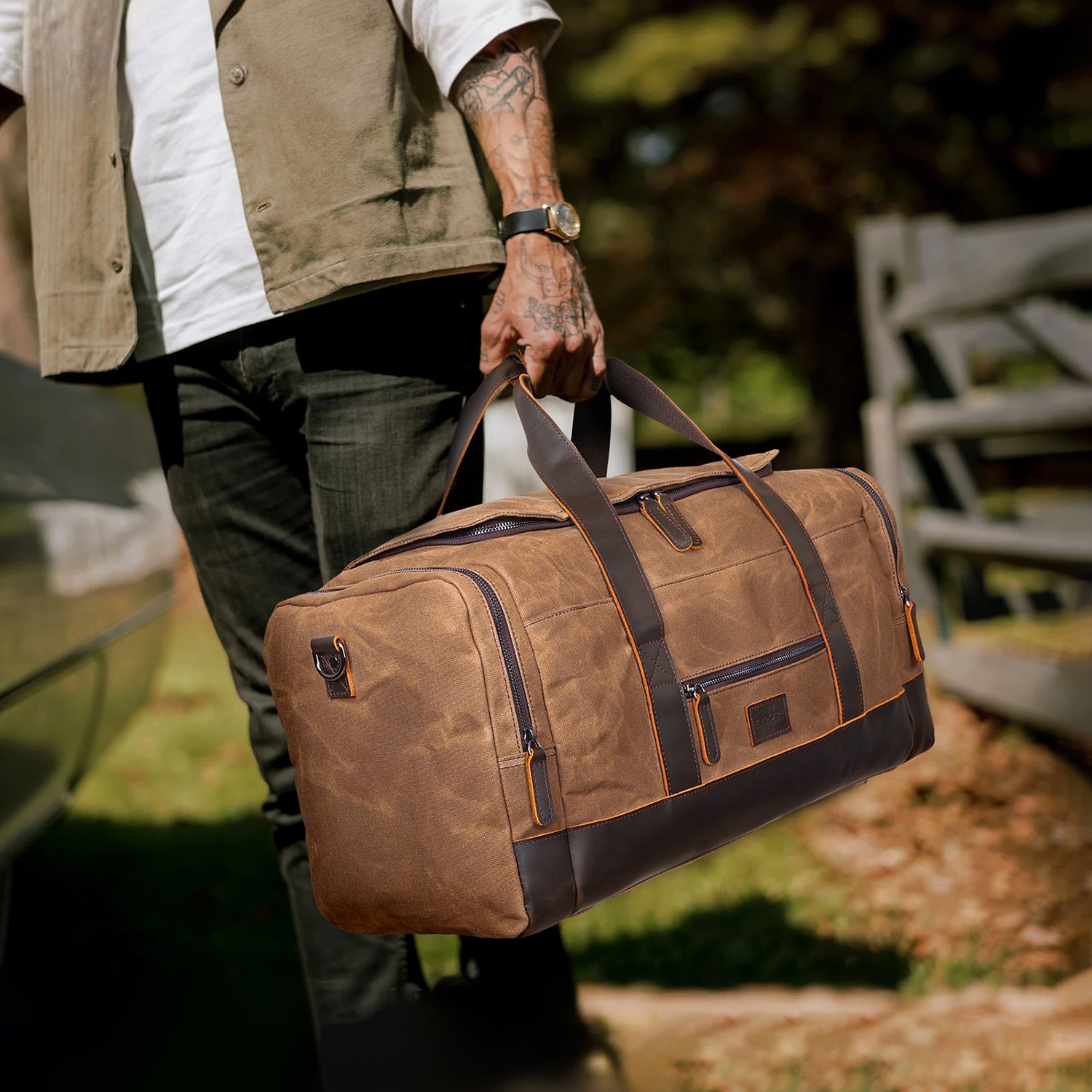 23" Canvas Leather Bag 42L Waterproof Travel Carry on Duffel Bag