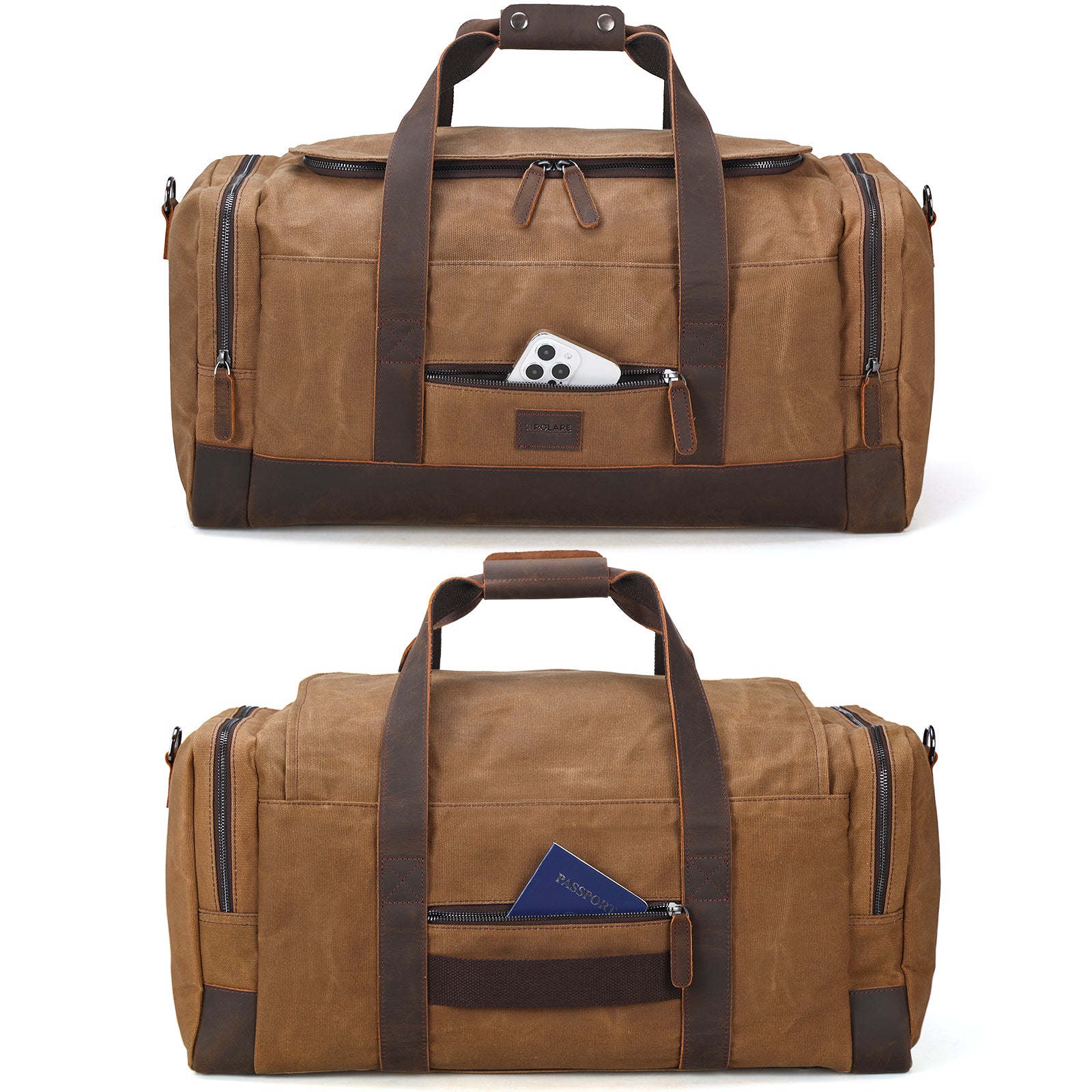 23" Canvas Leather Bag 42L Waterproof Travel Carry on Duffel Bag (Front/Back)