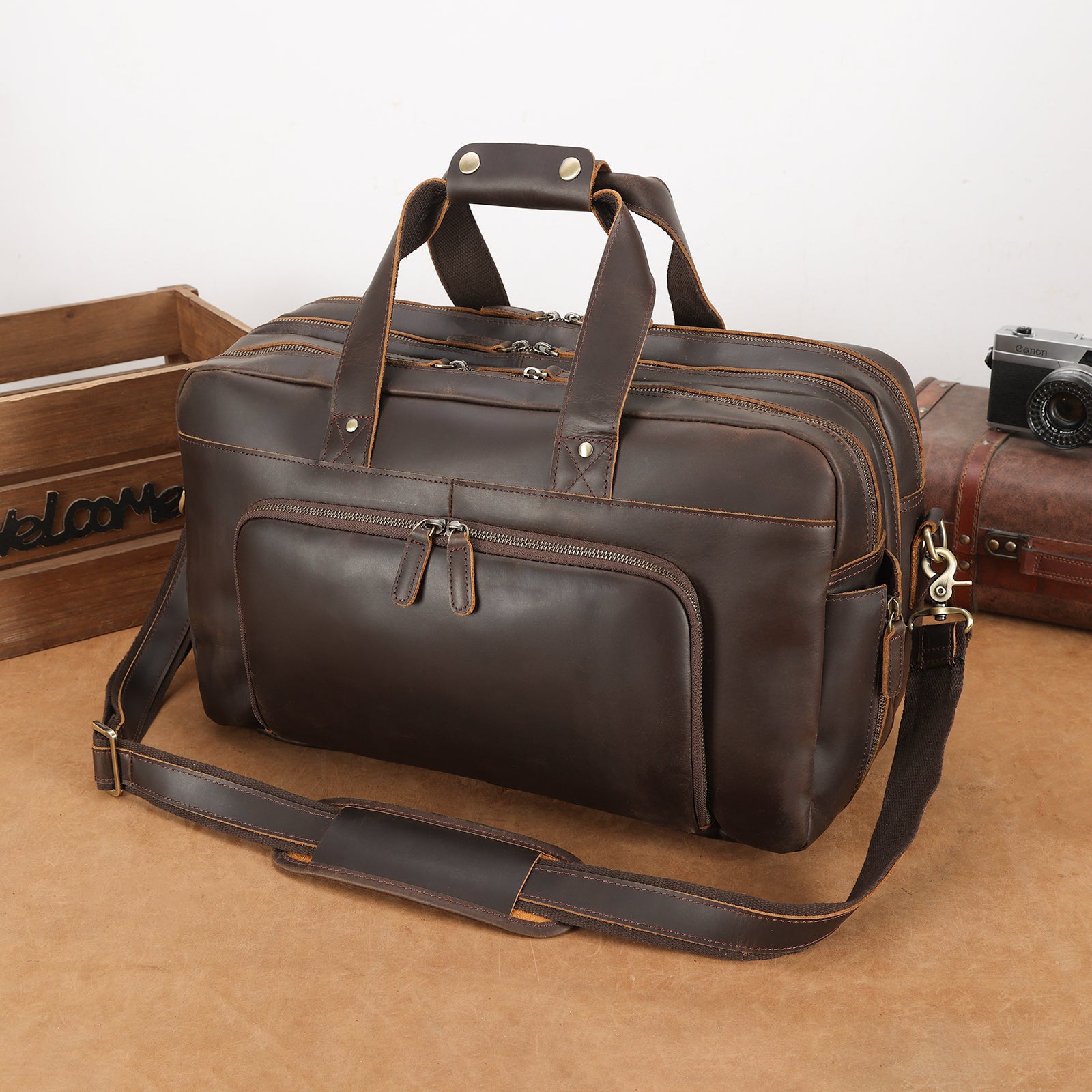 18.5" Full Grain Leather Duffel Bag Airline Approved Item Luggage Suitcase ( Scenario Shows)