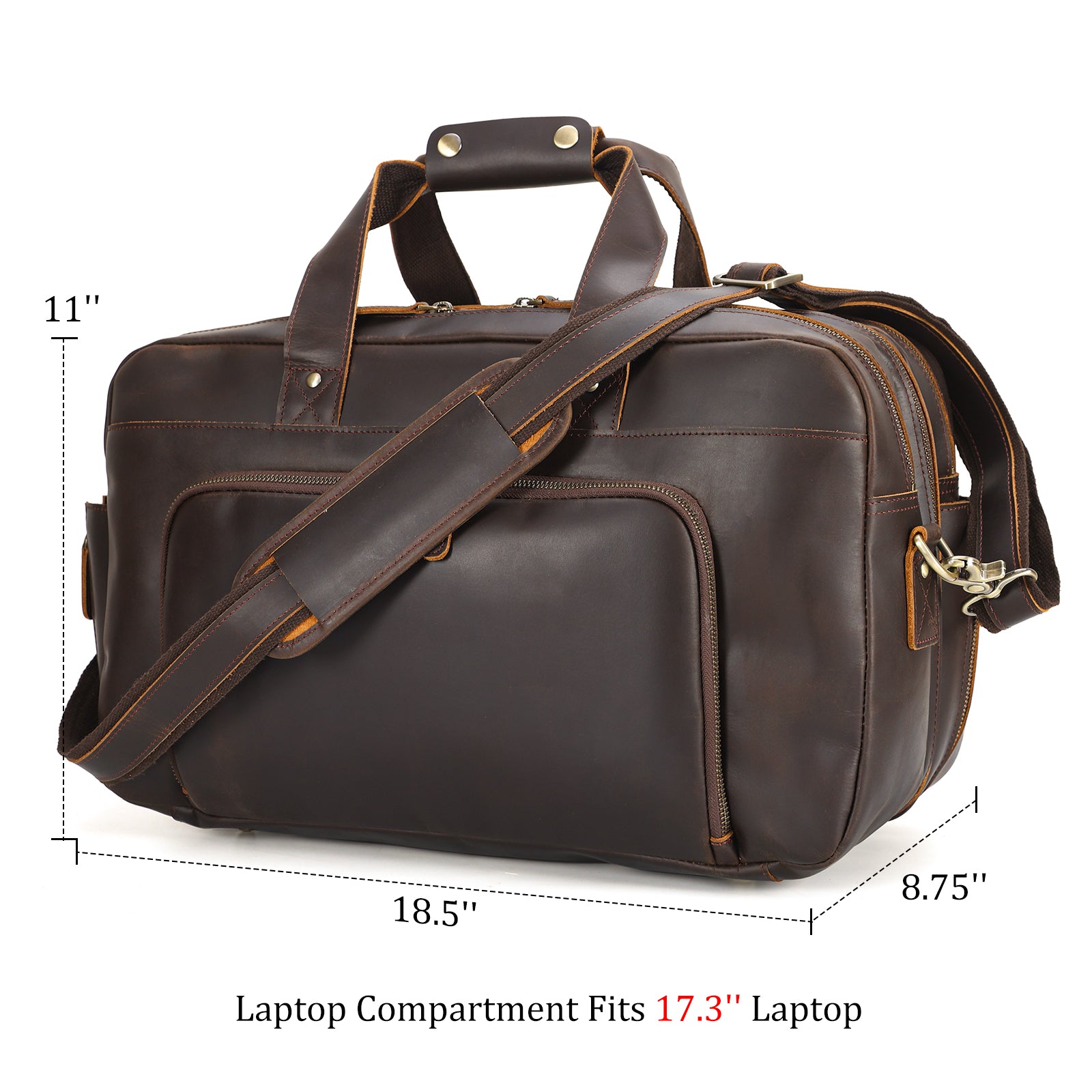 18.5" Full Grain Leather Duffel Bag Airline Approved Item Luggage Suitcase (Dimension)
