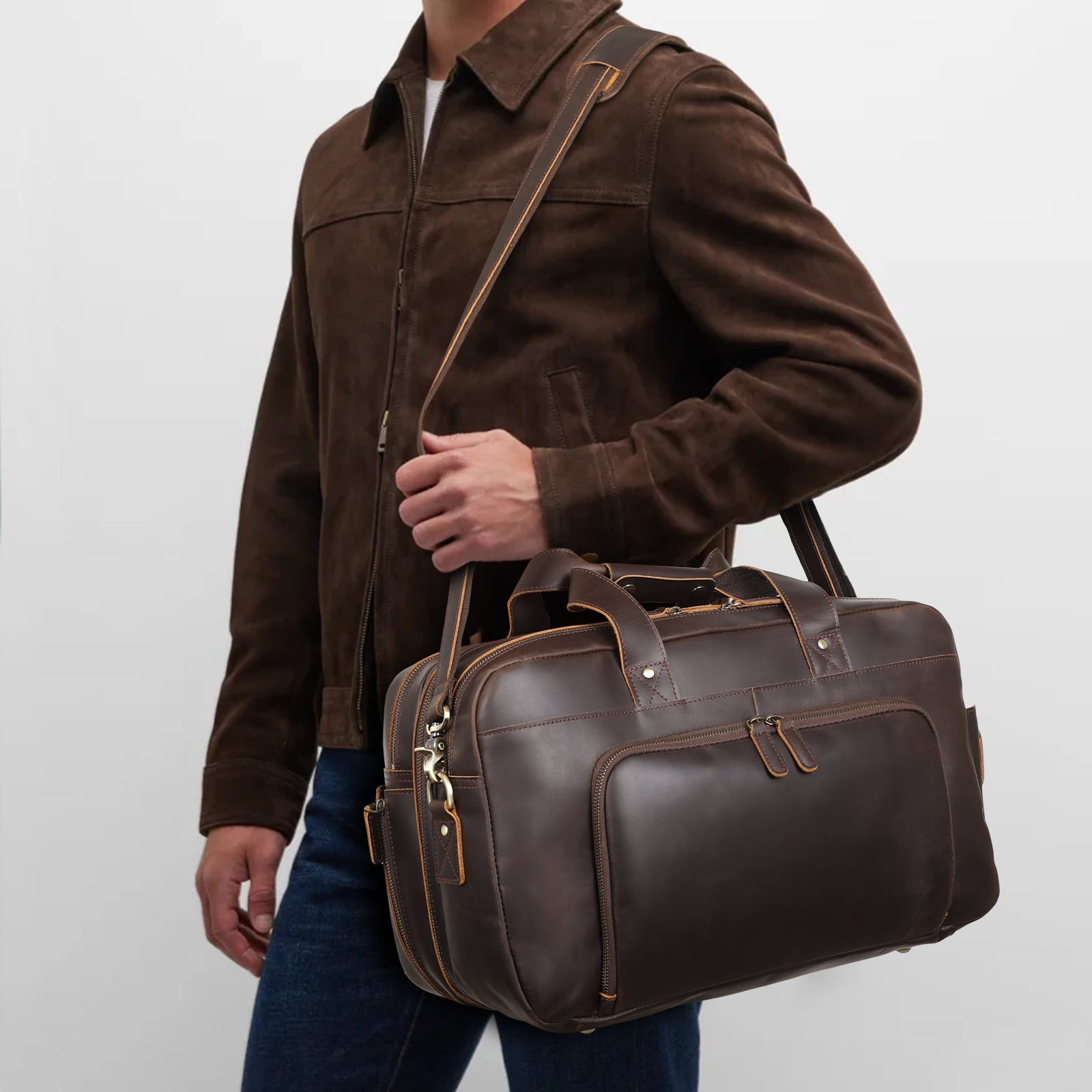 18.5" Full Grain Leather Duffel Bag Airline Approved Item Luggage Suitcase (Model Display)