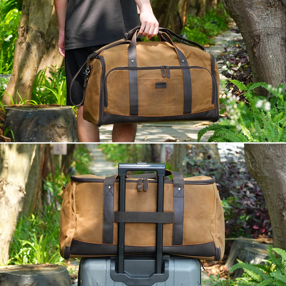 Polare 2-in-1 Waxed Canvas Garment Duffel Bag with Full Grain Leather Trim, Carry-On Suit Travel Bag with Luggage Strap