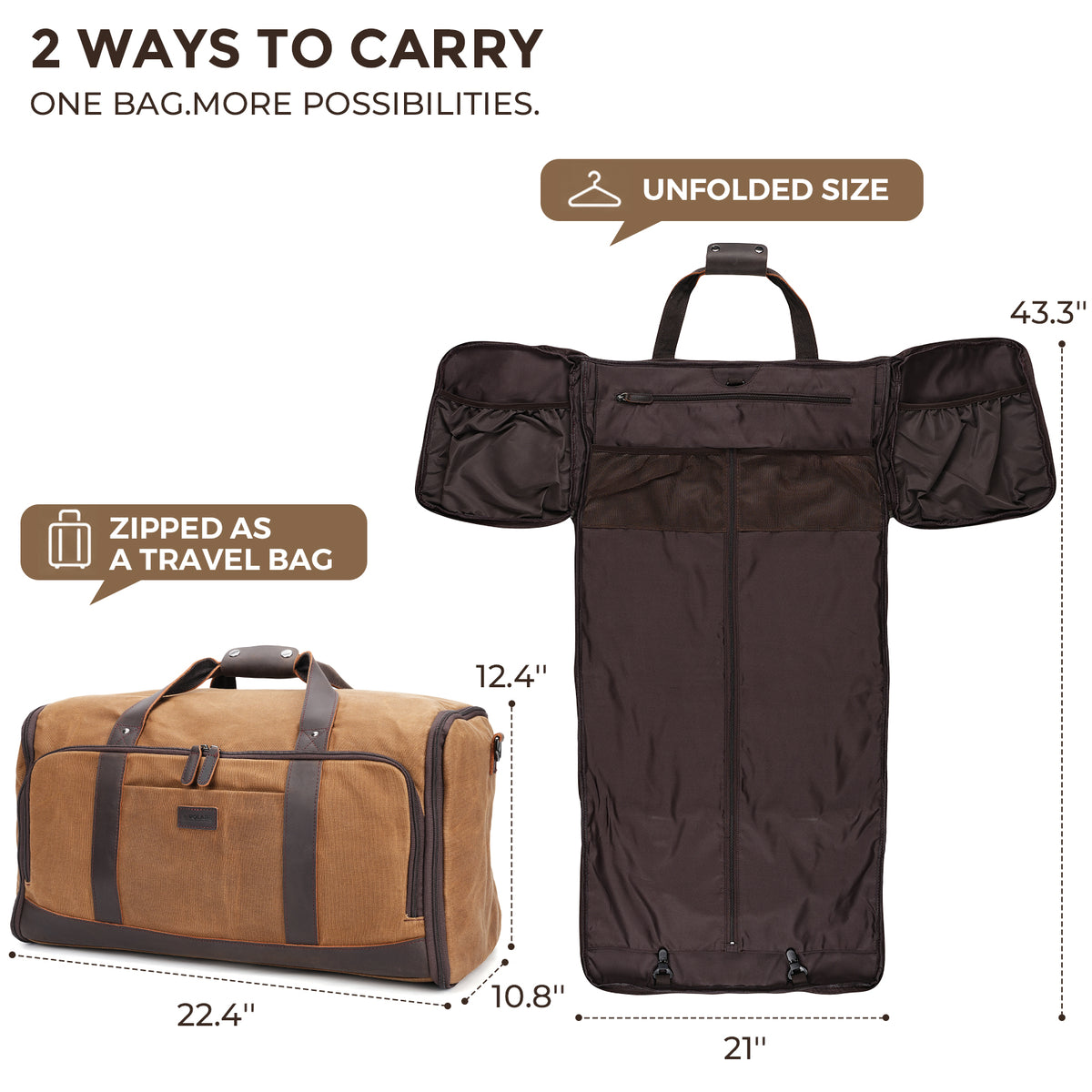 Polare 2-in-1 Waxed Canvas Garment Duffel Bag with Full Grain Leather Trim, Carry-On Suit Travel Bag with Luggage Strap
