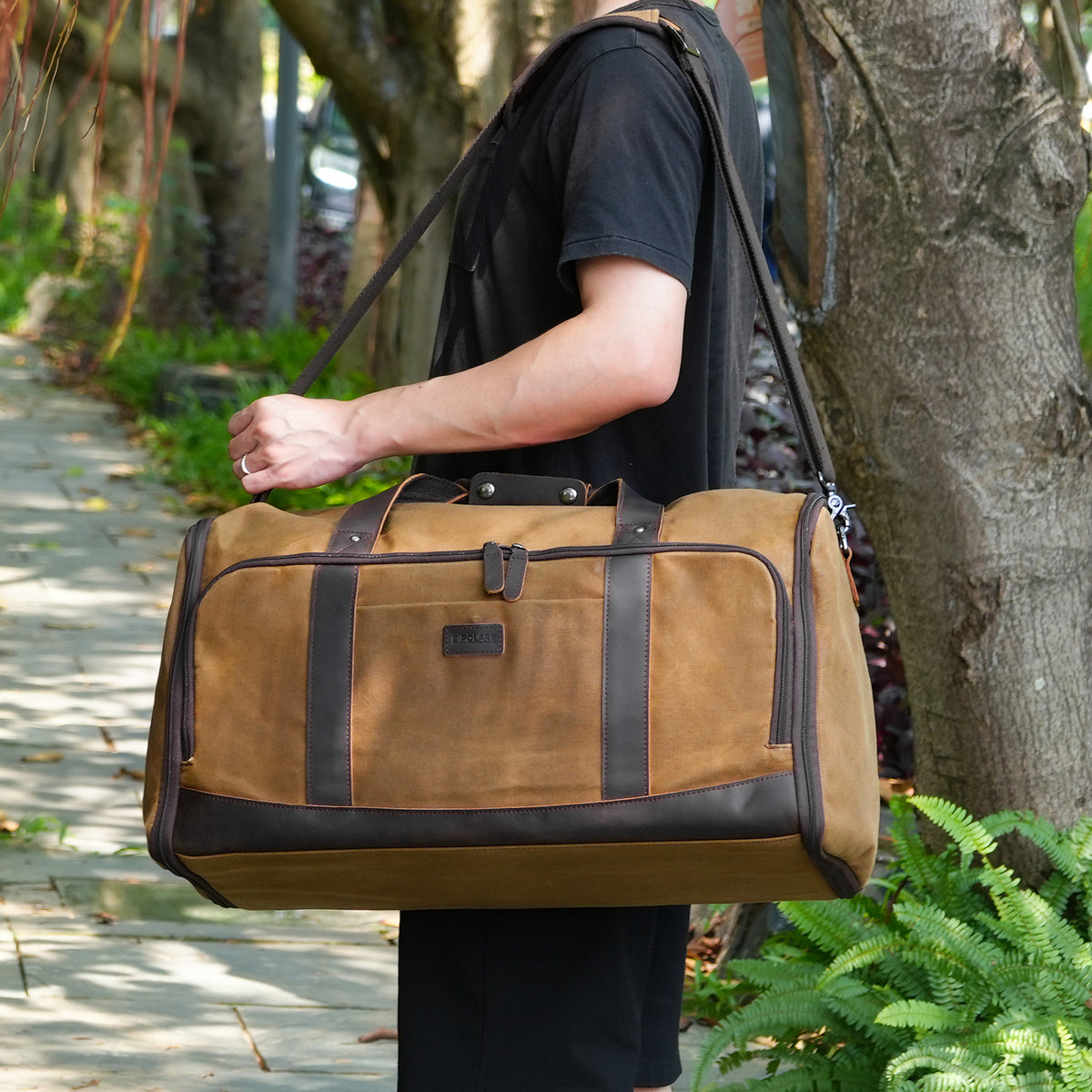 Polare 2-in-1 Waxed Canvas Garment Duffel Bag with Full Grain Leather Trim, Carry-On Suit Travel Bag with Luggage Strap
