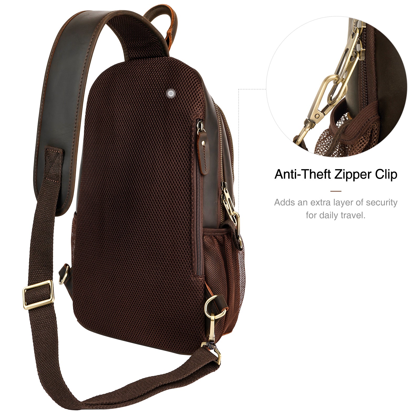 Full Grain Leather Sling Bag for Men secure zipper clip for travel protection