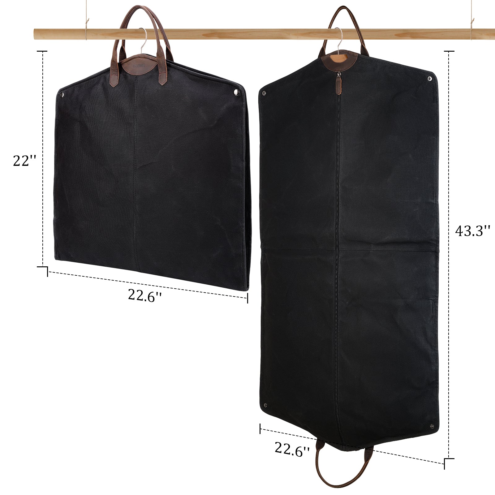 Waxed Canvas Full Grain Leather Trim Garment Bag for Travel (Black,Dimension)
