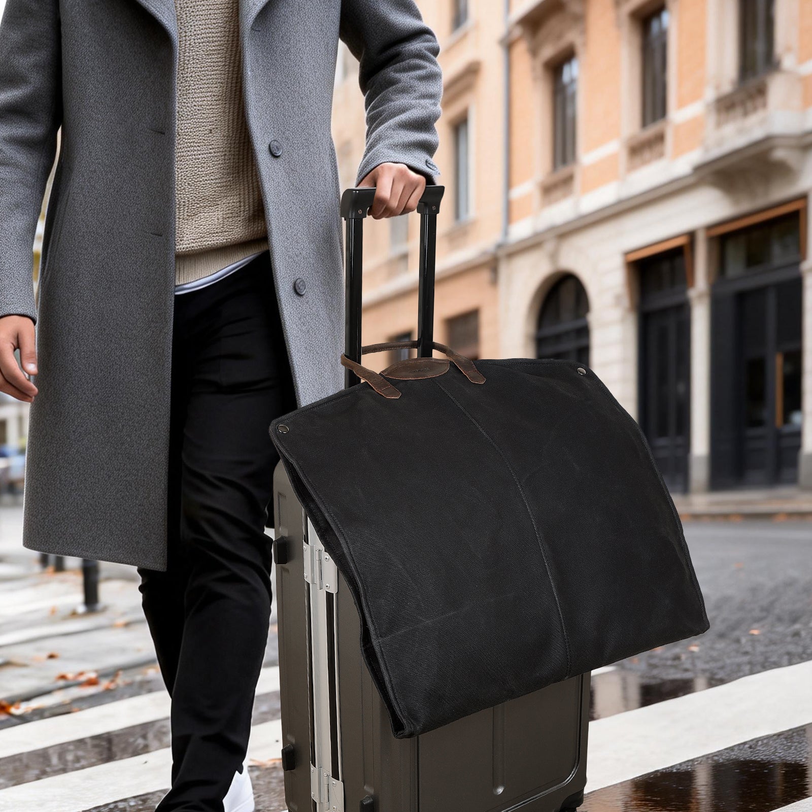 Waxed Canvas Full Grain Leather Trim Garment Bag for Travel (Black,Model Display)