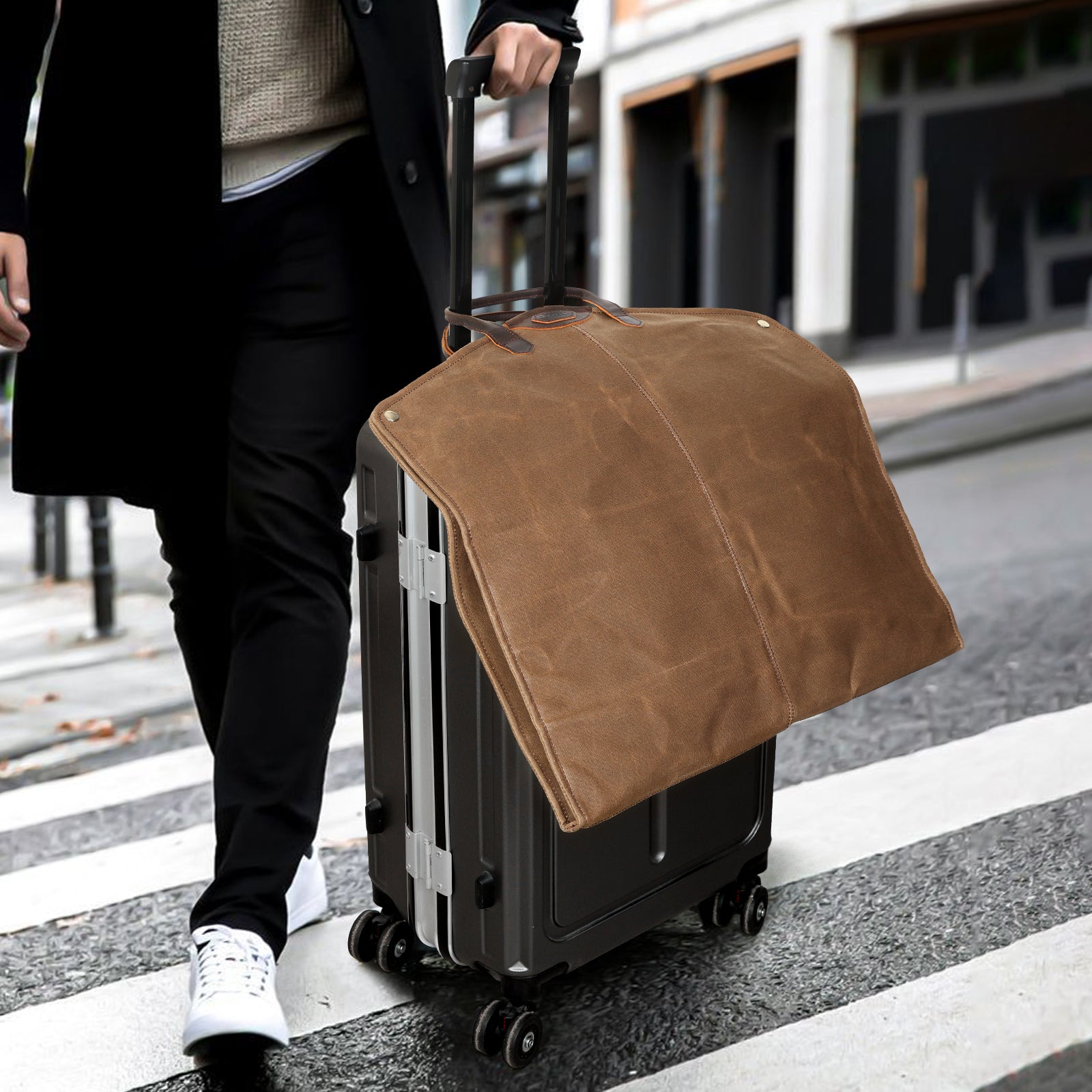 Waxed Canvas Full Grain Leather Trim Garment Bag for Travel (Model Display)