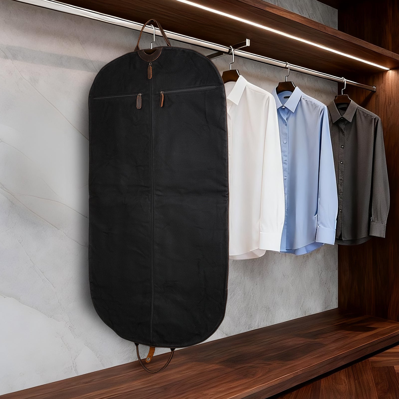 Full Grain Leather Trim Waxed Canvas Carry On Garment Bag (Black,Scenario Shows)