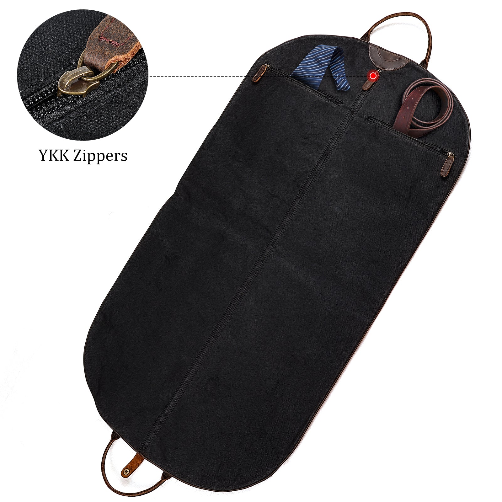 Full Grain Leather Trim Waxed Canvas Carry On Garment Bag (Black,Inside)