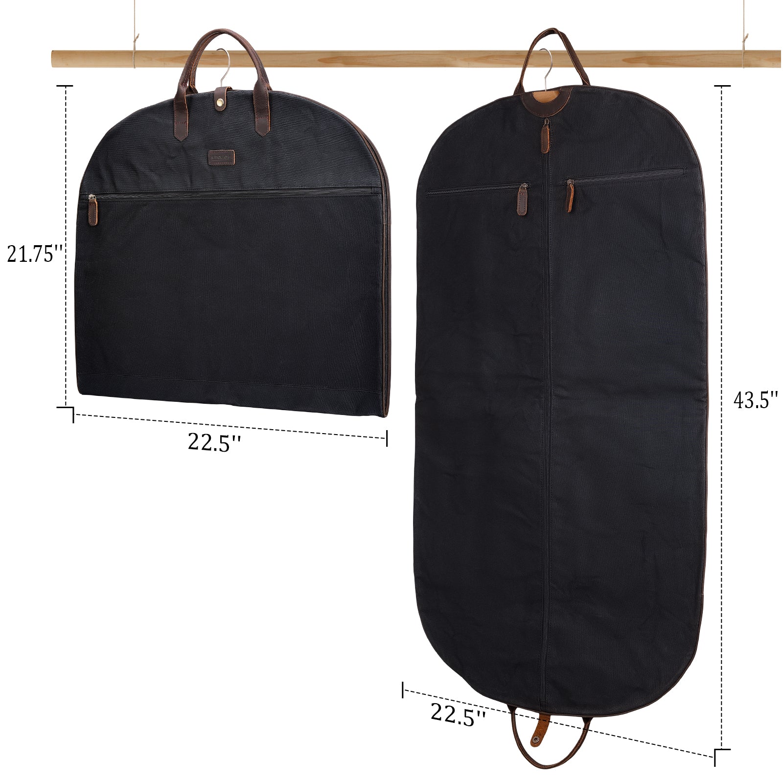 Full Grain Leather Trim Waxed Canvas Carry On Garment Bag (Black,Dimension)